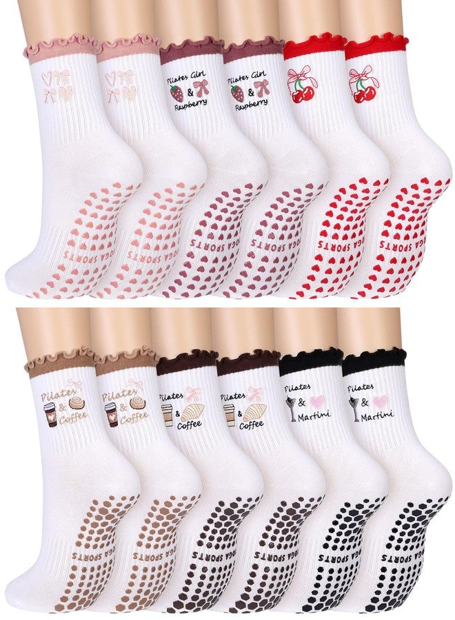 Croloose 6 Pairs Cute Pilates Socks with Grips Non-slip Ruffle Cotton Yoga Pilates Socks for Women Workout Athletic Ballet (Multicolor) - Image 1